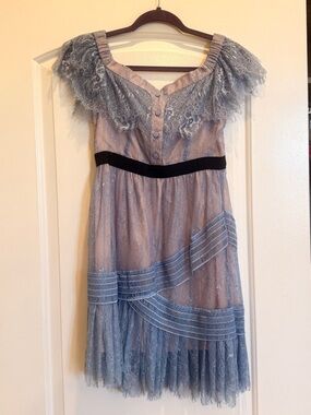 Self-Portrait Dusty Blue Lace Midi Dress with Blush Lining